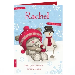 Best Personalised Hugs Bear Christmas Card - Bear & Snowman Christmas