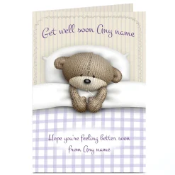 Card Factory Personalised Hugs Bear Get Well Soon Card - In Bed