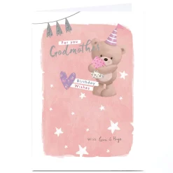 Best Personalised Hugs Birthday Card - Pink Pastels Bear with Cupcake, Godmother Birthday|For Her