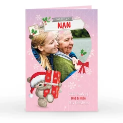 Personalised Hugs Christmas Photo Card - Pink Snowflakes Bear Christmas|Photo