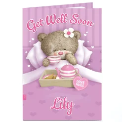 Best Personalised Hugs Get Well Soon Card - Bear In Bed Get Well