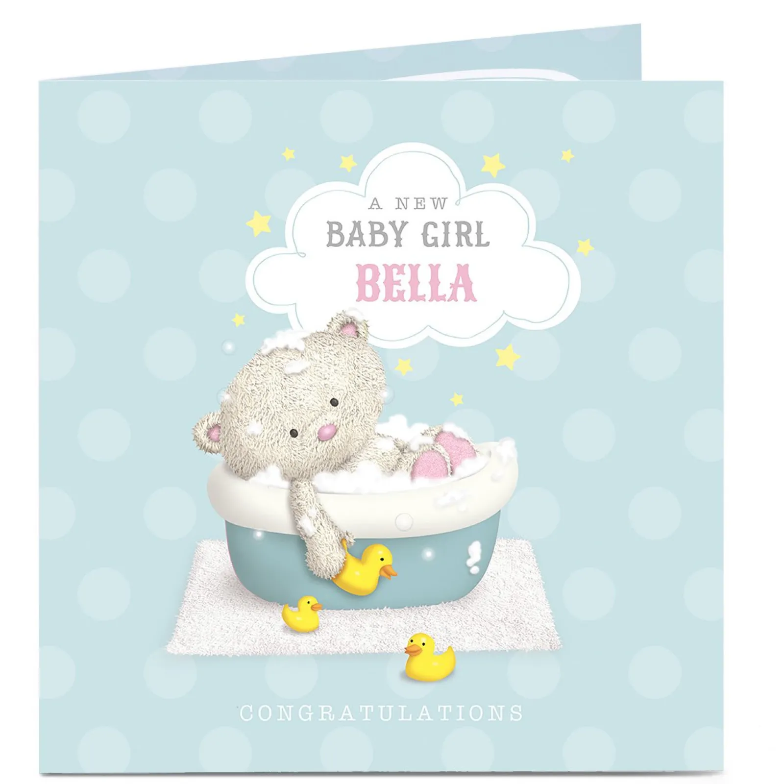 Card Factory Personalised Hugs New Baby Card - Baby Girl Bath