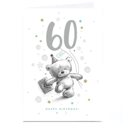 Card Factory Personalised Hugs 60th Birthday Card - Skipping Bear with Balloons
