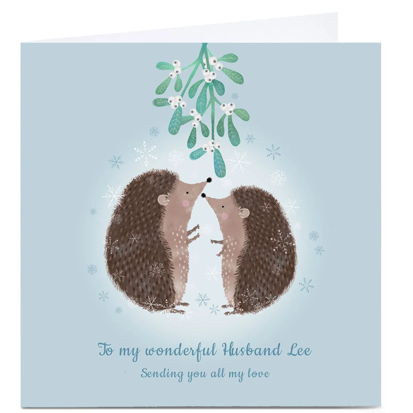 Card Factory Personalised Kerry Spurling Christmas Card - Blue Hedgehogs & Mistletoe