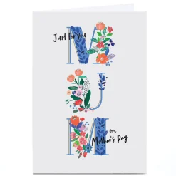 Card Factory Personalised Mother's Day Card - Just for you Floral Letters, Mum