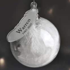 Online Personalised Name & Date Feather Glass Bauble Memorial Gifts|Christmas Gifts