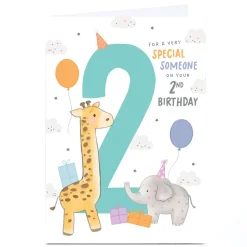 Kids Card Factory Personalised 2nd Birthday Card - Baby Elephant and Giraffe