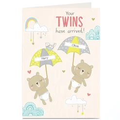Card Factory Personalised New Baby Card - Teddy Bear Twins