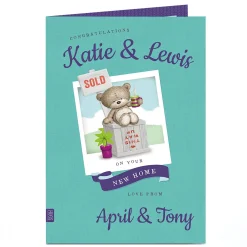 Card Factory Personalised New Home Card - Hugs Bear With Box