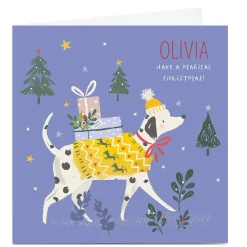 Best Personalised Nikki Upsher Christmas Card - Dog with Presents Christmas