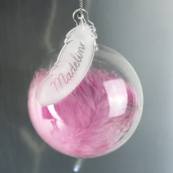 Hot Personalised Pink Feather Glass Bauble Jewellery & Keepsakes|Memorial Gifts