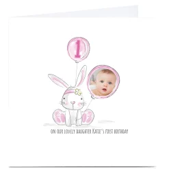 Hot Personalised Rachel Griffin Birthday Photo Card - Pink Rabbit Balloon, 1 Kids For Niece|1St Birthday