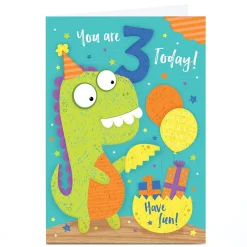 Kids Card Factory Personalised 3rd Birthday Card - 3 Today Dinosaur