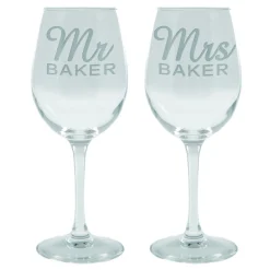 Sale Personalised Set Of 2 Wine Glasses|Glassware - Mr & Mrs Name Wedding