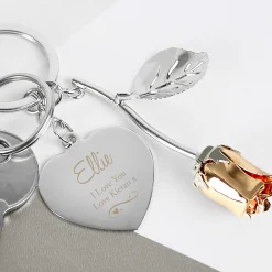 Card Factory Personalised Silver Plated Rose & Heart Keyring