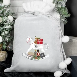 Kids Card Factory Personalised Silver Rocking Horse Pom-Pom Christmas Sack