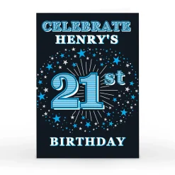 Card Factory Personalised 21st Birthday Invitation - Blue Stars