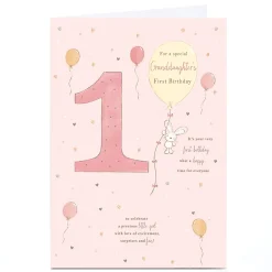 Kids Card Factory Personalised 1st Birthday Card - Bunny and Balloons, Granddaughter