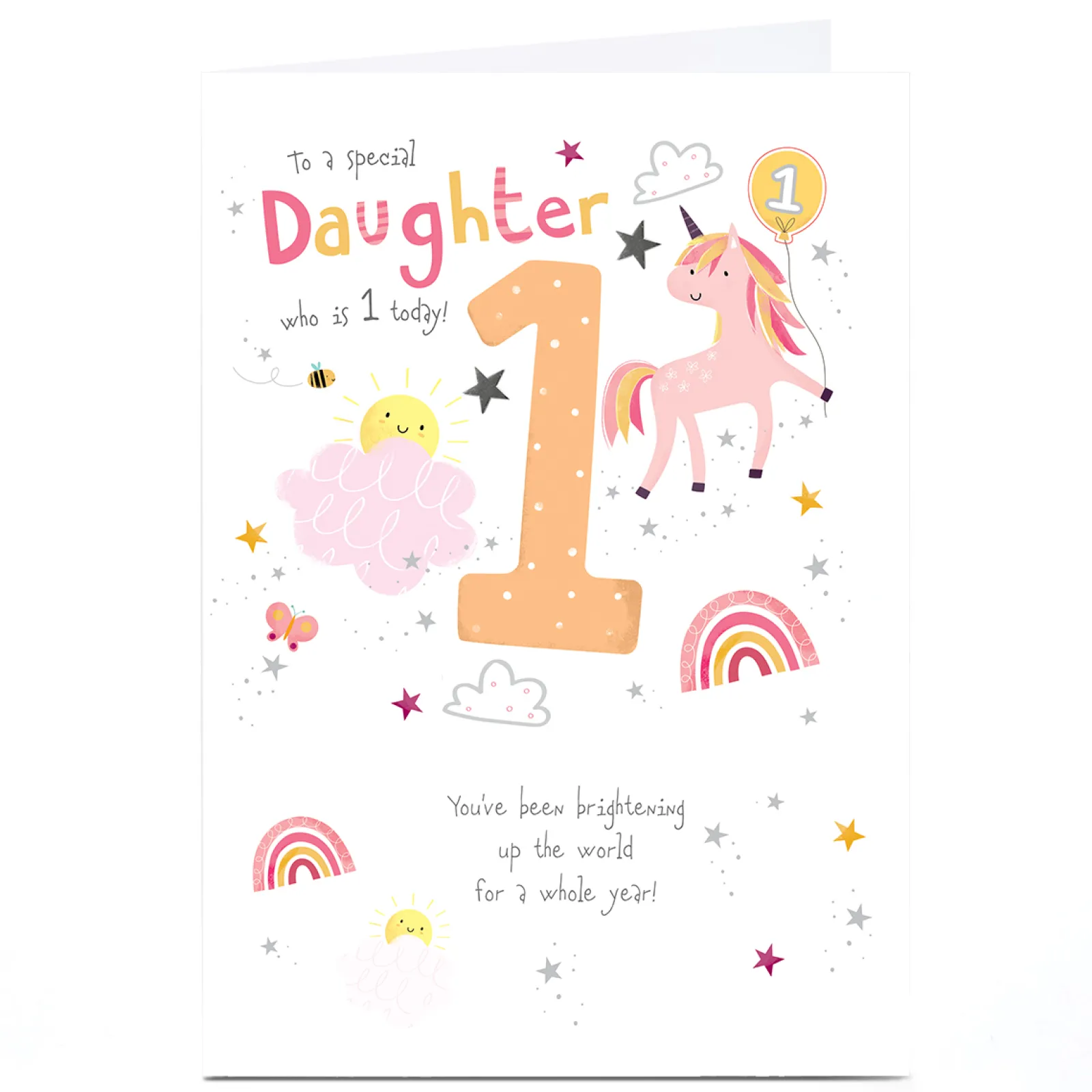 Kids Card Factory Personalised 1st Birthday Card - To a Special Daughter Rainbows and Unicorn