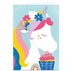 Kids Card Factory Personalised 1st Birthday Card - Rainbow Unicorn Cupcake