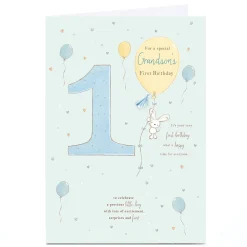 Kids Card Factory Personalised 1st Birthday Card - Bunny and Balloons, Grandson