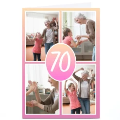 Card Factory Personalised 70th Photo Card - Pink Gradient, Editable Age