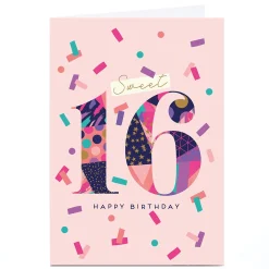 Kids Card Factory Personalised 16th Birthday Card - Sweet 16 Pink Confetti