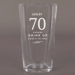 Personalised 70th Birthday Pint Glass - Cheers, Drink Up! 70Th Birthday|Personalised Glasses