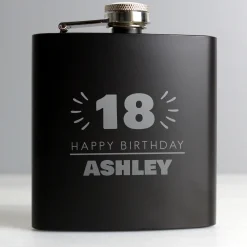Card Factory Personalised 18th Birthday Hip Flask - Black & Silver