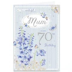 Card Factory Personalised 70th Birthday Card - Rustic Bluebells and Butterflies, Mum