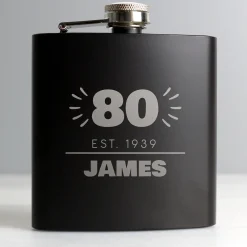 Card Factory Personalised 80th Birthday Hip Flask - Black & Silver
