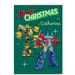 Sale Personalised Transformers Christmas Card - Bumblebee and Optimus Prime, Any Name Christmas