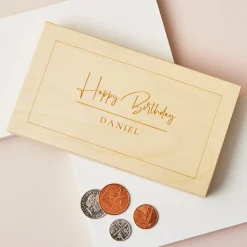 Card Factory Personalised Wooden Happy Birthday Ticket or Money Holder