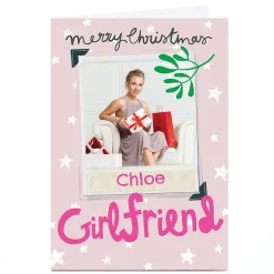 Card Factory Photo Bev Hopwood Christmas Card - Pink Polaroid and Mistletoe, Girfriend