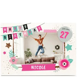 Photo Birthday Card - Flowers & Bunting, Editable Age For Daughter|Daughter