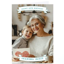 Card Factory Photo Birthday Card - Blue Banner Editable Age & Recipient