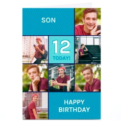 Clearance Photo Birthday Card - Blue Squares Son, Any Age Kids For Son|Son