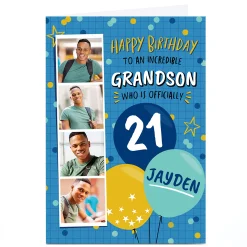 Outlet Photo Birthday Card - Grandson Blue & Yellow Balloons, Editable Age BOY For Grandson|For Boyfriend