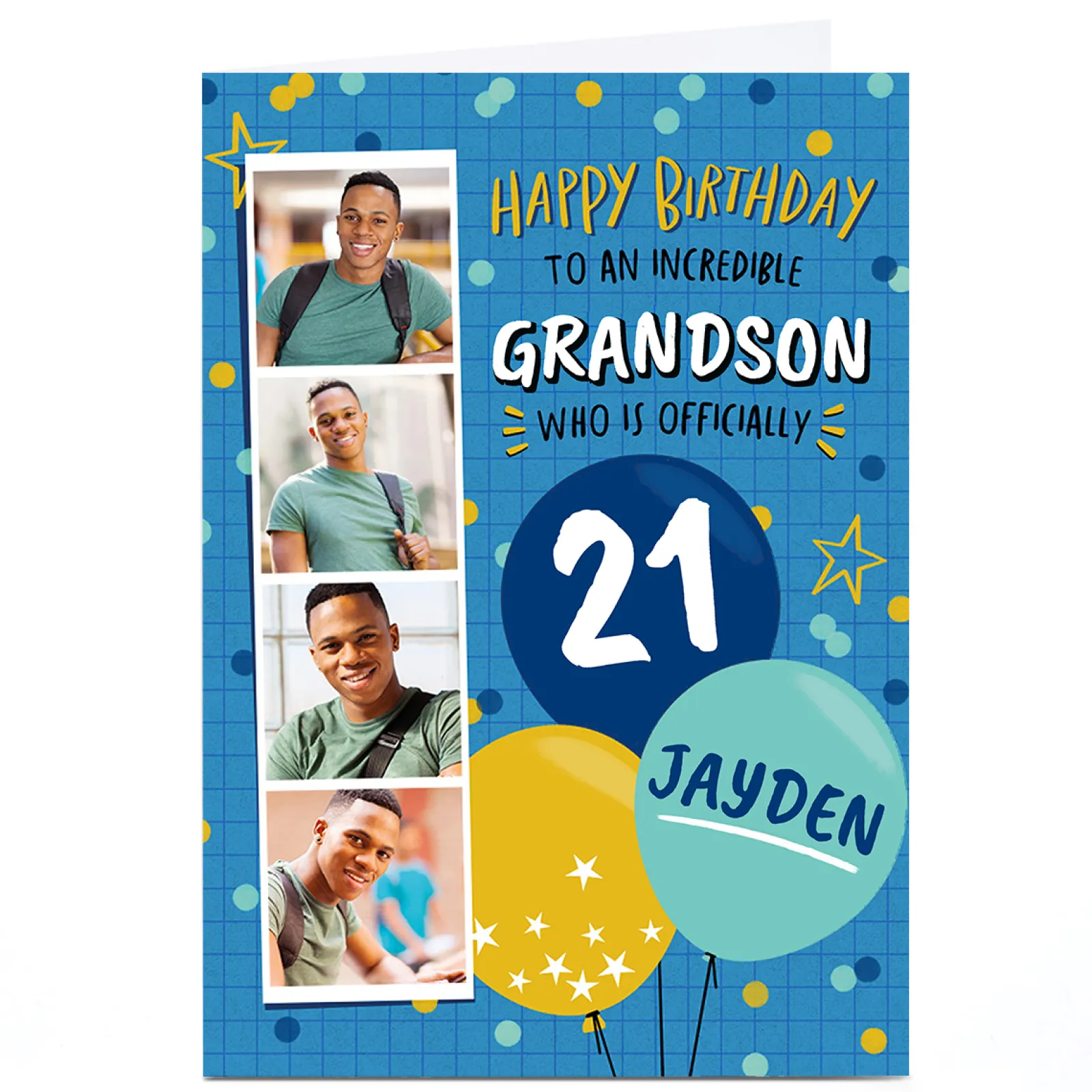 Outlet Photo Birthday Card - Grandson Blue & Yellow Balloons, Editable Age BOY For Grandson|For Boyfriend