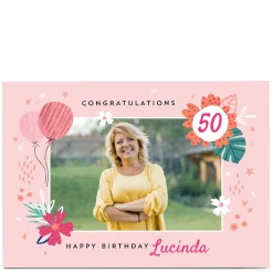 Card Factory Photo Birthday Card - Pink Floral, Editable Age
