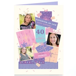 Card Factory Photo Birthday Card - Pink & Purple Gifts For You, Editable Age