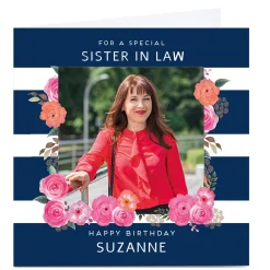 Card Factory Photo Birthday Card - Stripes & Flowers