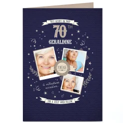 Card Factory Photo Birthday Card - Vintage Blue & Gold, Editable Age