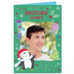 Card Factory Photo Christmas Card - Cute Penguin, Brother