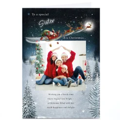 Card Factory Photo Christmas Card - Santa's Sleigh over Snowy Town, Sister