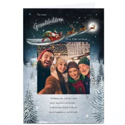 Card Factory Photo Christmas Card - Santa's Sleigh over Snowy Town, Grandchildren