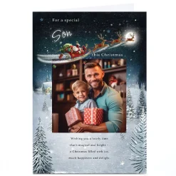 Photo Christmas Card - Santa's Sleigh over Snowy Town, Son Christmas|Photo