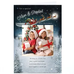 Photo Christmas Card - Santa's Sleigh over Snowy Town, Mum and Stepdad Christmas|Photo