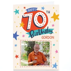 Card Factory Photo Ebony Newton 70th Birthday Card - Colourful Stars, Any Name