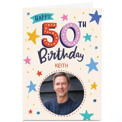 BOY Card Factory Photo Ebony Newton 50th Birthday Card - Colourful Stars, Any Name